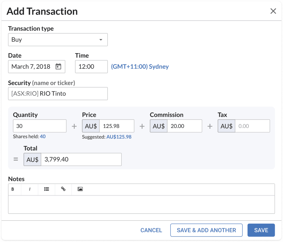 Picture of add transaction form